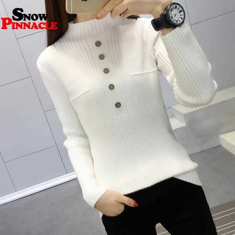 Women pullovers slim half-turtleneck buttons knitted sweater fashion office lady for autumn female knitwear 210524