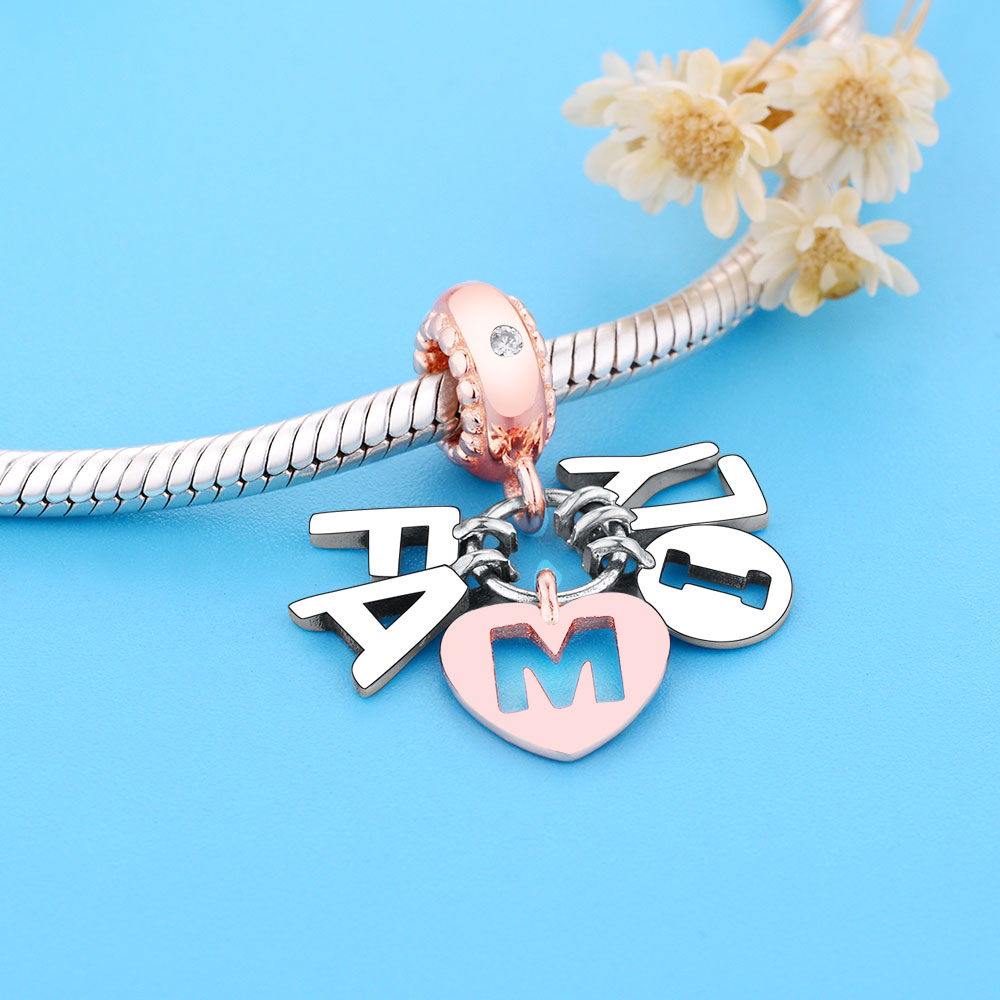 925 Silver Letter Rose Gold BFF Family Mom Love Heart Dangle Bead Fit Original Charm Bracelet Necklace Making Friendship Forever Berloque