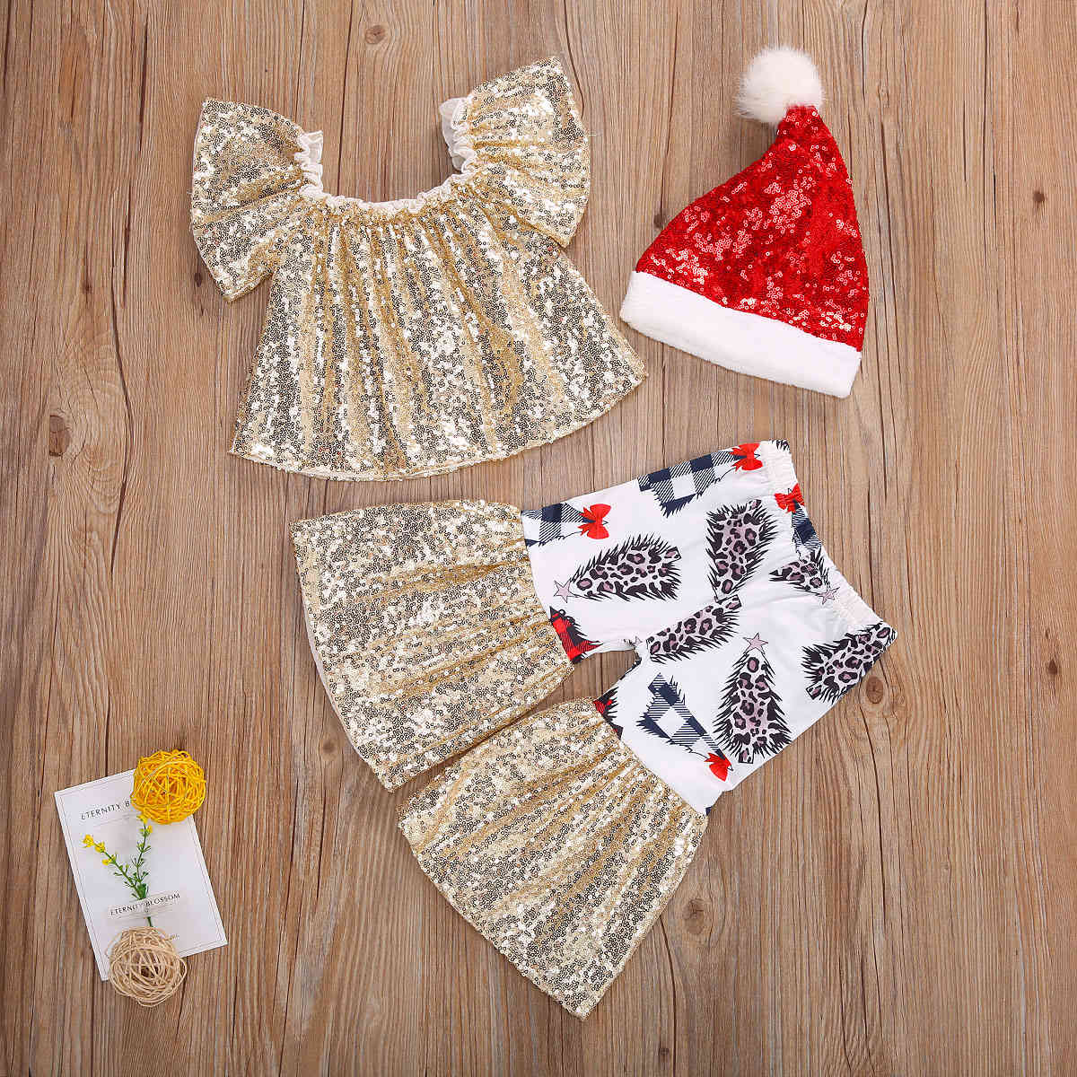 6M-4Y Toddler Infant Baby Kid Girl Christmas Clothes Set Sequins Ruffles T shirt Cartoon Flare Pants Hat Xmas Outfits 210515