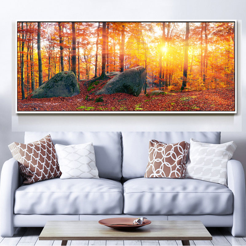 Modern Landscape Canvas Painting Autumn Maple Forest Sunrise For Living Room Decor Wall Pictures Paintings Poster and Prints Art