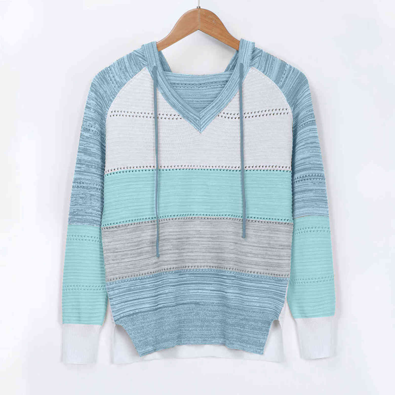 Autumn Women Patchwork Hooded Sweater Long Sleeve V-neck Knitted Sweater Casual Striped Pullover Jumpers Female Hoodies 211109