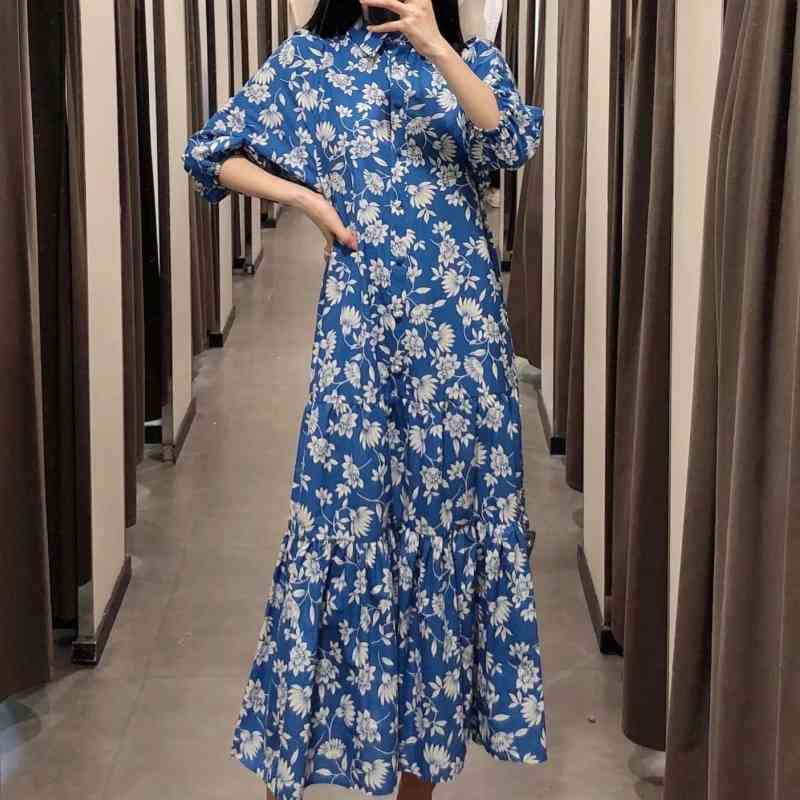 Summer Women Flower Printing Ruffled Hem Midi Shirt Dress Female Lantern Sleeve Clothes Casual Lady Loose Vestido D7618 210430