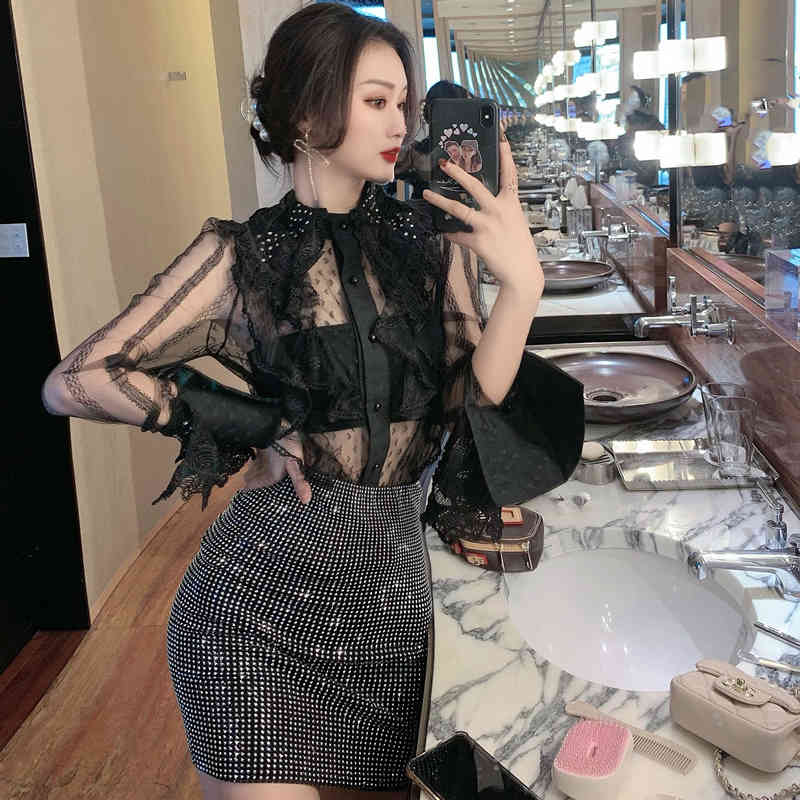 arrival Spring Two-Piece Set Women Sweet Sexy Perspective Long Sleeve Ruffles Shirt And Bodycon Mini Skirt Outfit 210519