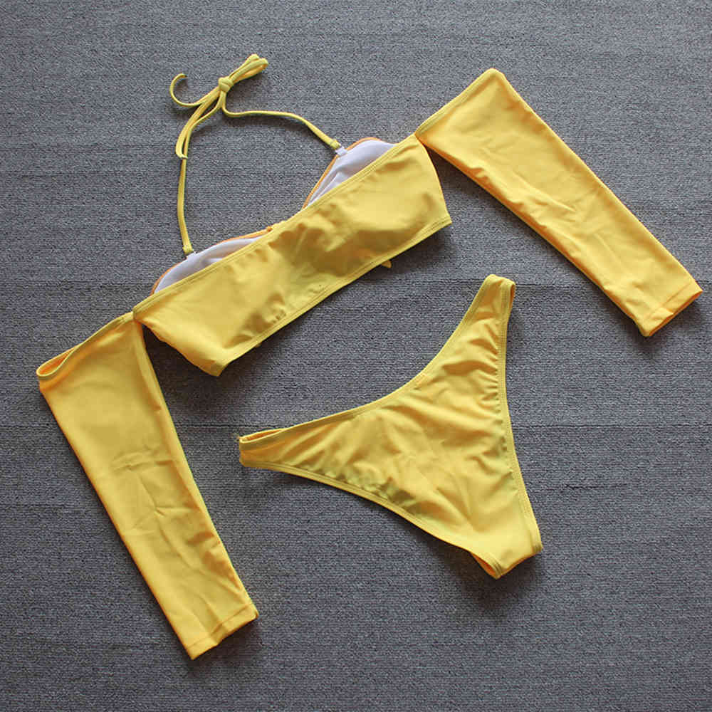 Sexy Bikini Off Shoulder Swimwear Women Long Sleeve Swimsuit Female Bow-Knot Push Up Bathing Suits Beach Wear Swimming Suit 210521