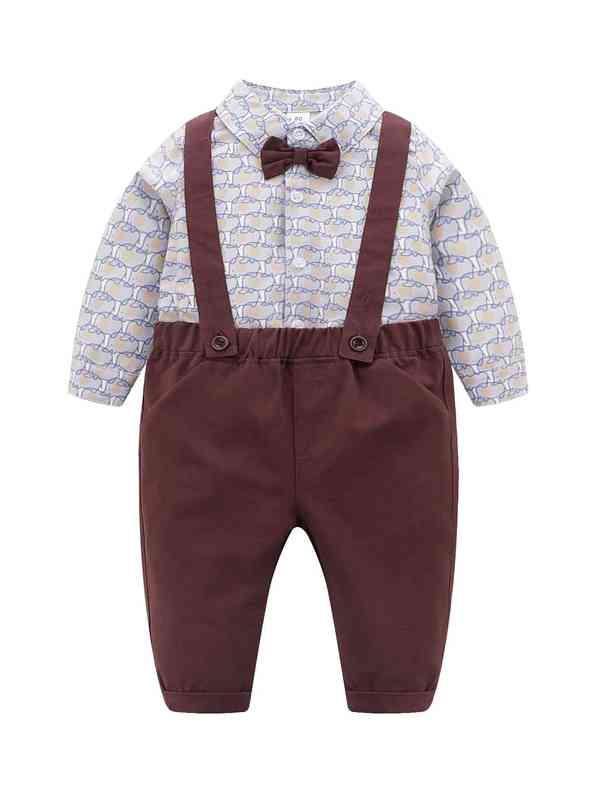 Baby Elephant Print Bow Front Bodysuit & Pinafore Pants SHE