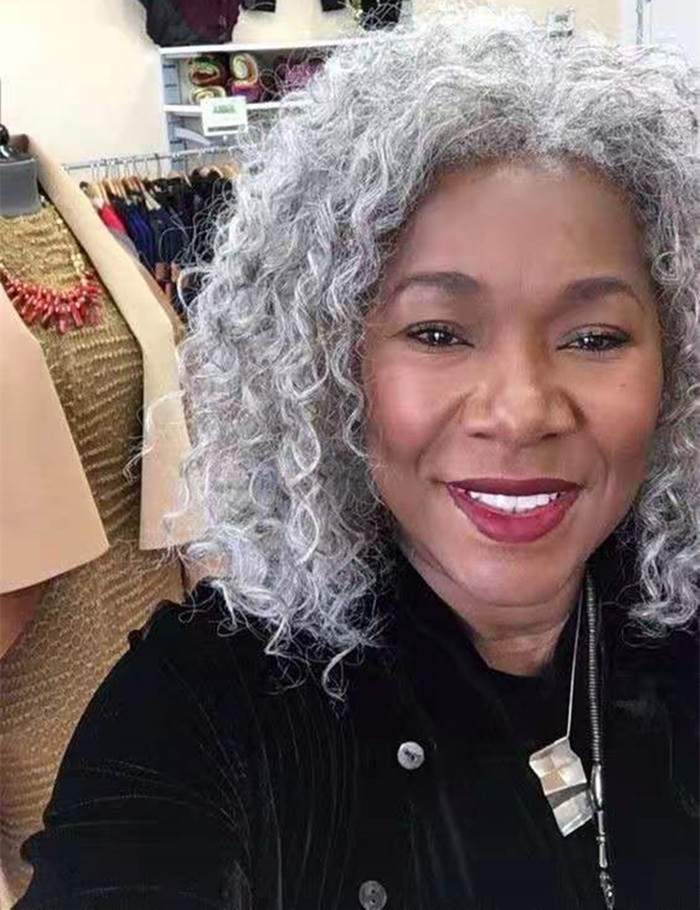 Pure grey human virgin ponytail women real hair extension deep curly clip drawstring afro puff bun african american gray weave silver 120g 14inch