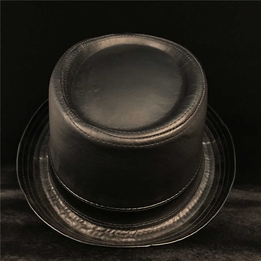 100% Leather Balck Men Pork Pie Hat for Dad Fedora Hat Fasgion Gentleman Flat Bowler Porkpie Jazz Hat Size s m l xl Q0805