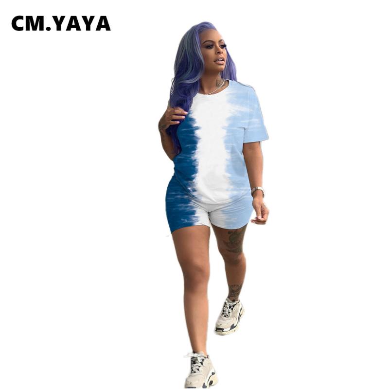 CM.YAYA Tie Dye Gradient Women's Set Ative T-shirt Shorts Matching Two Piece Outfits Sporty Tracksuit Workout Jogger Sweatsuit Tracksuits
