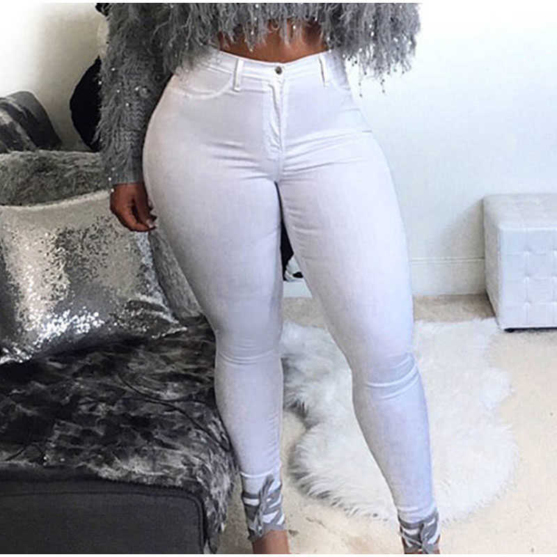 Plus Size High Waist Stretchy Skinny White Basic Casual Jeans 4XL Distressed Bodycon Pencil Denim Pants Lady Indie Trousers Jean 210616