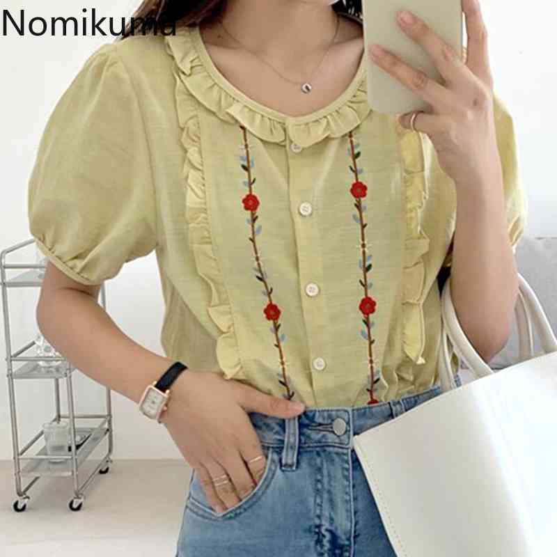 Nomikuma Chic Floral Embroidery Woman Shirt Korean Ruffle O-neck Puff Sleeve Blouses Summer Sweet New Blusas Mujer 6H527 210427