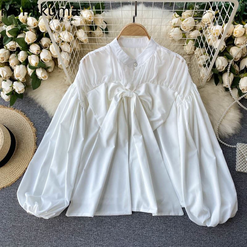 Nomikuma Sweet Bowknot Women Blouse Korean Lantern Long Sleeve O-neck Shirt Spring Autumn New Causal Blusas Mujer 6D742 210427