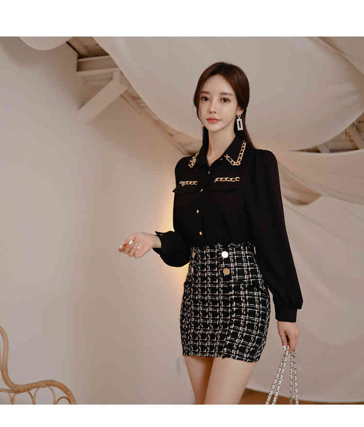 Ladies Fashion Tweed 2 Piece Set Women Autumn Turn Down Collar Black Chiffon Shirt And High Waist Mini Skirt Suit 210519