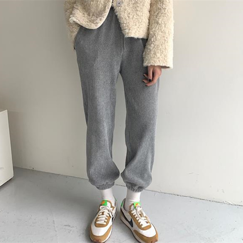 Spring Autumn Elegant Casual Sweatpants High Waist Straight Corduroy Pants Women Bottoms OL Solid Loose Trousers 210421