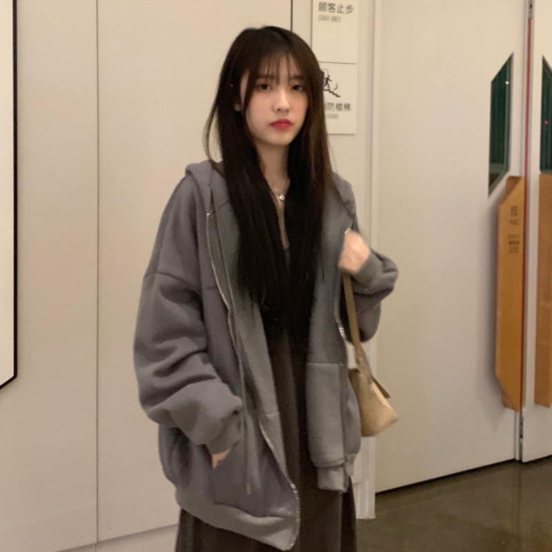 Women Korean Style Hoodie Zip-up Harajuku Oversized Solid Pocket Hooded Sweatshirts Autumn Long Sleeve Loose Baseball hoodie