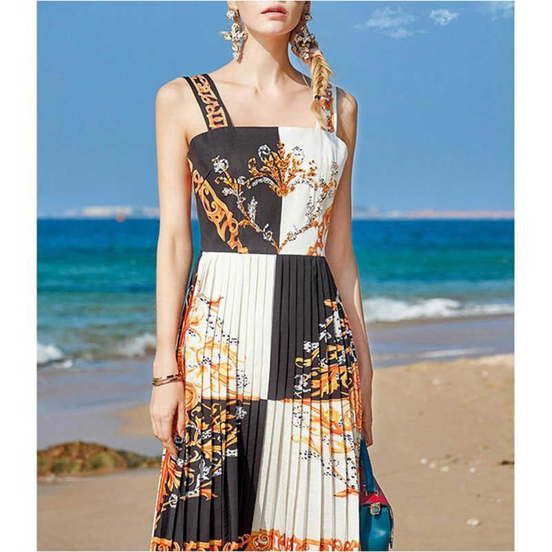 2021 Summer New Vacation Party Dress Women Spaghetti Strap Floral print Beading Elegant Pleated baroque vintage Mini Dresses Y2k Q0707
