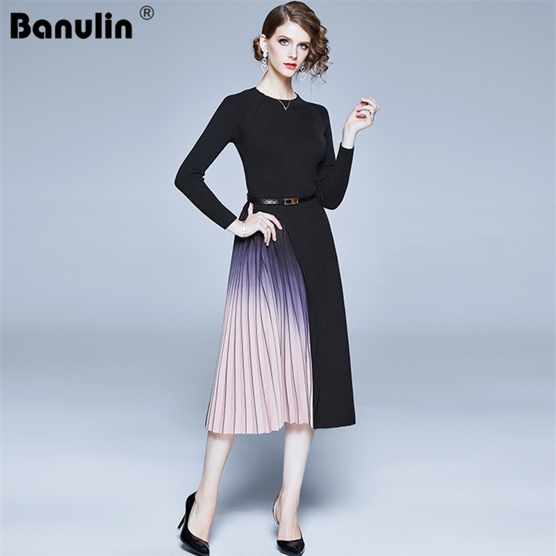 Banulin Fashion Autumn Winter Knit Sweater Dress Long Sleeve Women Elegant Gradient Color Patchwork Midi Pleated with Belt 210603, Black
Banulin Fashion Autumn Winter Knit Sweater Dress Long Sleeve Women Elegant Gradient Color Patchwork Midi Pleated with Belt 210603, Black