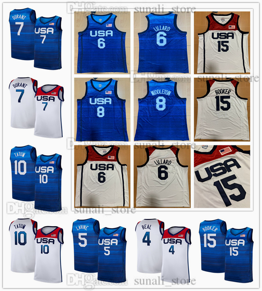 Stitched USA American Tokyo Olympic Basketball Jerseys 15 Devin Booker 6 Damian Lillard Kevin 7 Durant 4 Beal 5 LaVine 10 Jayson Tatum 8 Khris Middleton Danny 14 Green, White
Stitched USA American Tokyo Olympic Basketball Jerseys 15 Devin Booker 6 Damian Lillard Kevin 7 Durant 4 Beal 5 LaVine 10 Jayson Tatum 8 Khris Middleton Danny 14 Green, White