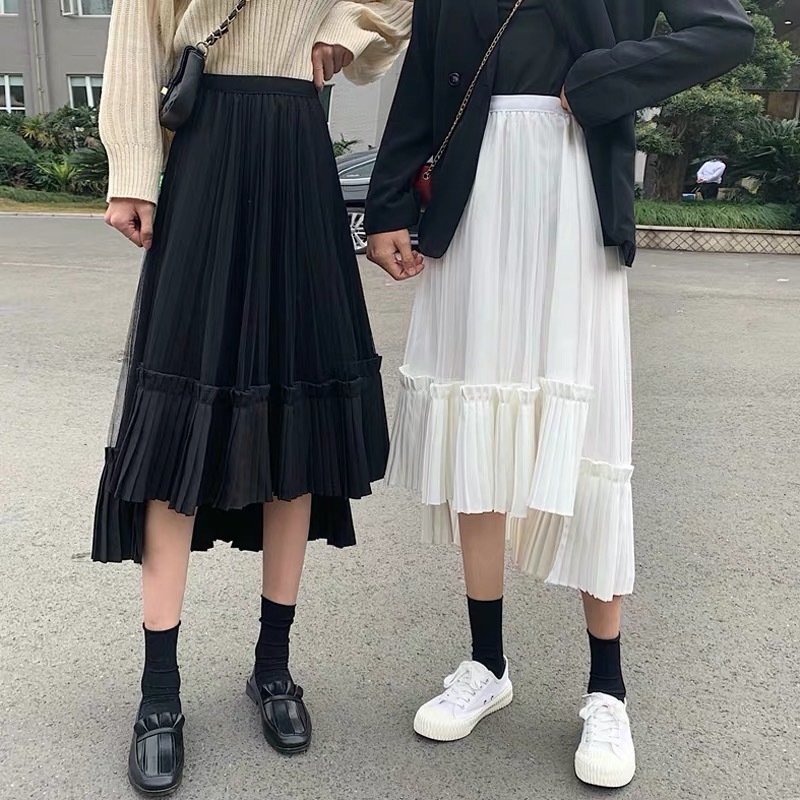 white skirt pleated mesh sweet cute asymmetrical long high waist black casual daily wear chic patchwork 210421