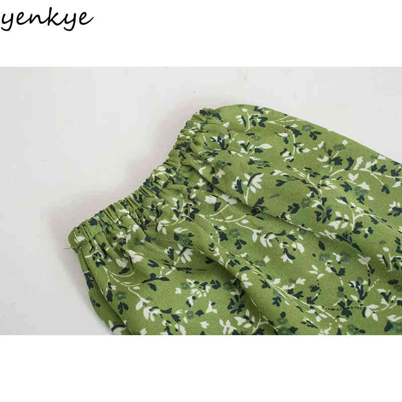 YENKYE Green Floral Print Dress Women Sexy Square Neck Puff Sleeve A-line Short Dress Female Holiday Summer Vestido 210515