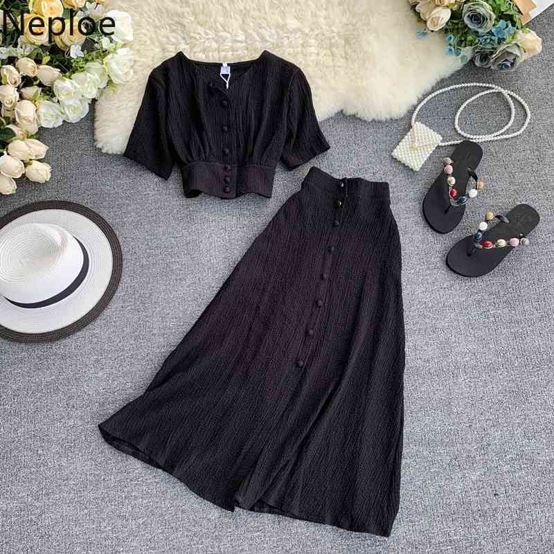 Neploe Fashion Red Suit Single Breasted Shirt Tops High Waist Slim Maxi Skirts Femme Roupas Korean 2 Piece Set Women 95497 210422