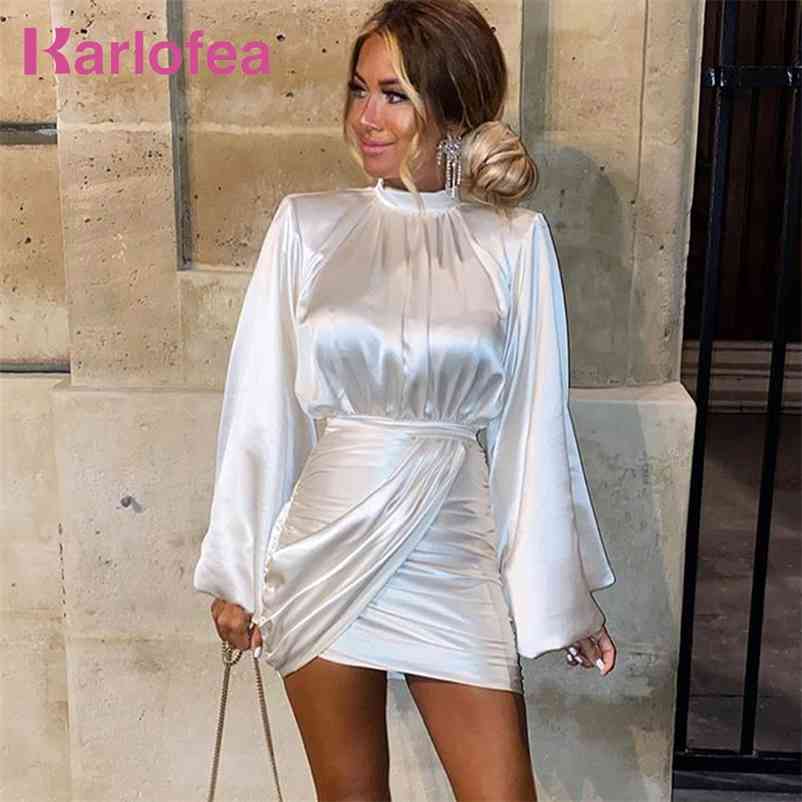 Karlofea Women White Mini Dress Elegant Satin Mini Dress Ladies Lovely Celebrity Party Outfits Vestidos Summer Vacation Clothing 210409