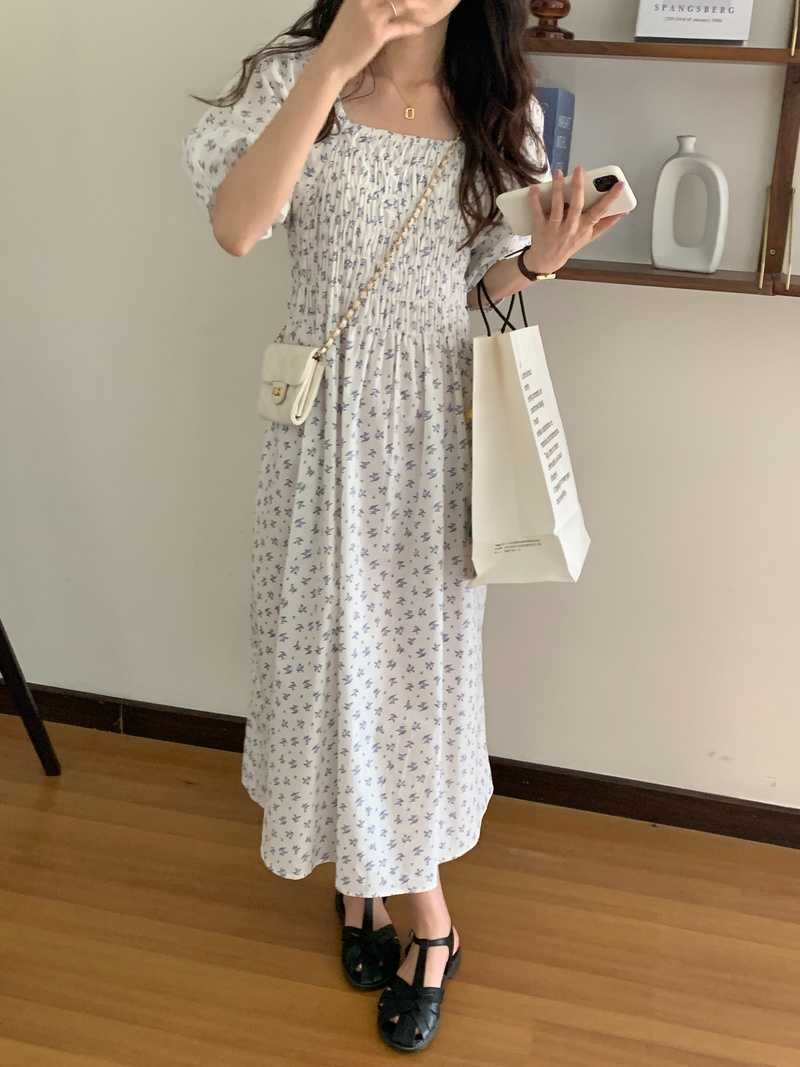 Korejpaa Women Mini Dress Summer Korean Fashion Chic Print Square Neck Small Floral Pleated Gathered Waist Casual Dresses 210526