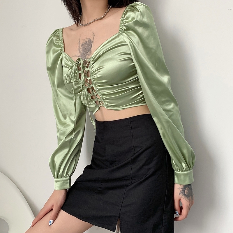 European and American style ins spring women's wear sexy low cut strap hollow out navel slim long sleeve T-shirt 210602