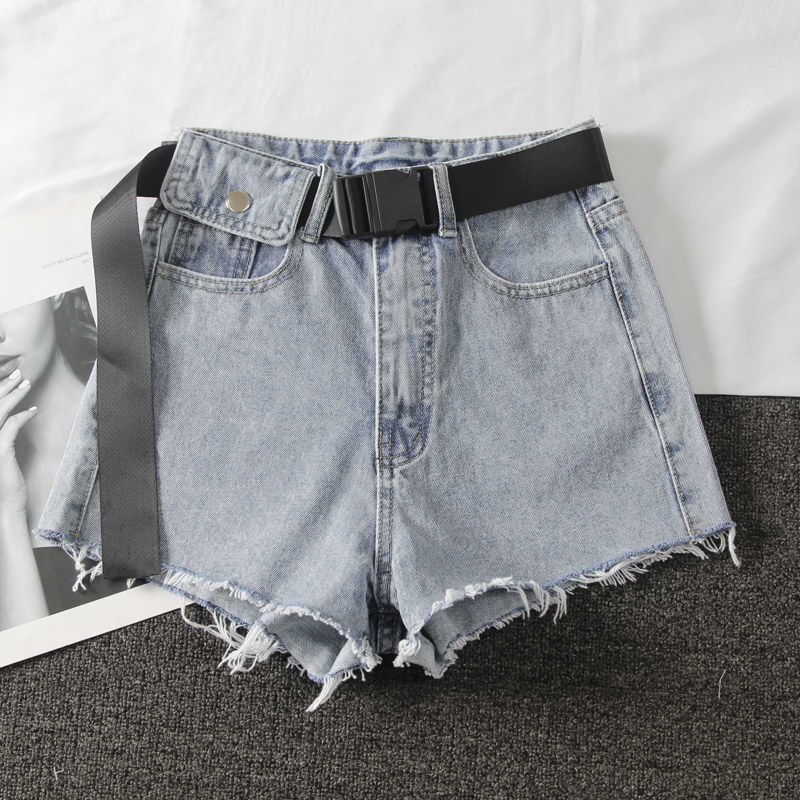 Ailegogo Summer Women High Waist Black Blue Denim Shorts Casual Female Hole Solid Color Plus Size 2xl Jeans With Belt 210714