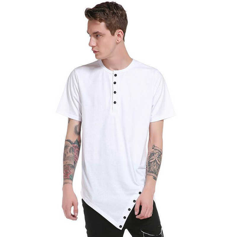 IceLion Summer T Shirt Men Irregular Hem Short Sleeve T-shirt Fashion Button Collar Hip Hop Streetwear Tops Slim Fit Tshirt 210623