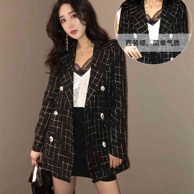 Black /White Plaid Tweed Jacket Double Row Diamond Button Long Coat Fall/Winter Ladies Sparkle Sequin Lady 210520