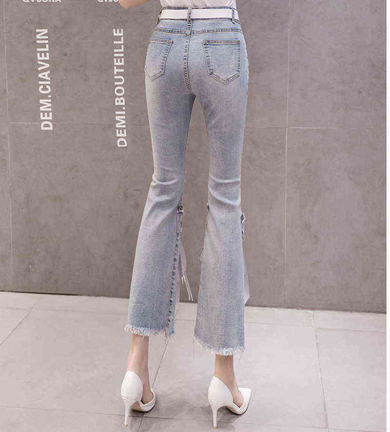 High Waist Jeans Women Ripped Cropped Women's Spring Summer Irregular Beaded Bow Flared Denim Pants Ladies 211129