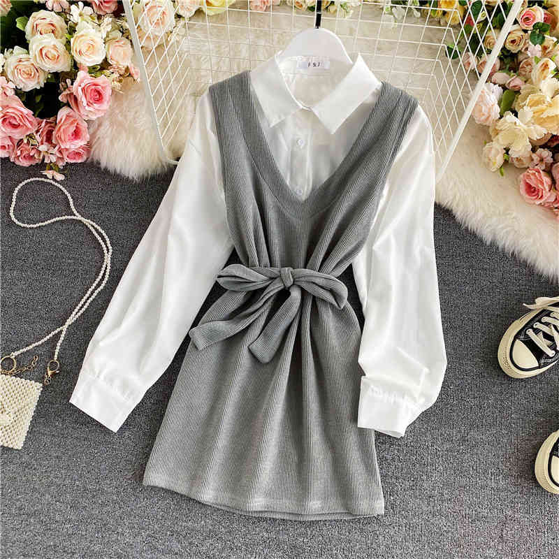 Nomikuma Spring Korean Women Blouse 2pieces Sets Long Sleeve Blusas Shirt + Bow Bandage Slim Waist Vest Elegant Suits 6D876 210427