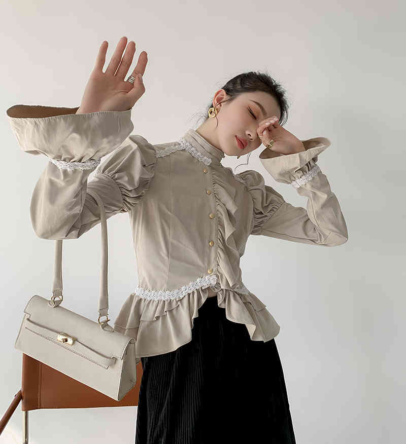 Court Ruffle Flare Sleeve Tops Button Up Turtleneck Shirt Women Khaki Long Ladies Blouse Clothing 210427