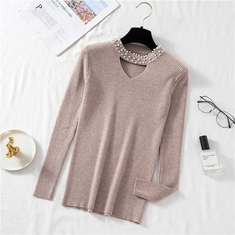 HSA chompas para mujer Winter Pullover and Sweaters Pearl Beading Long Sleeve Casual Jumpers ropa mujer knitted sweater 210716
