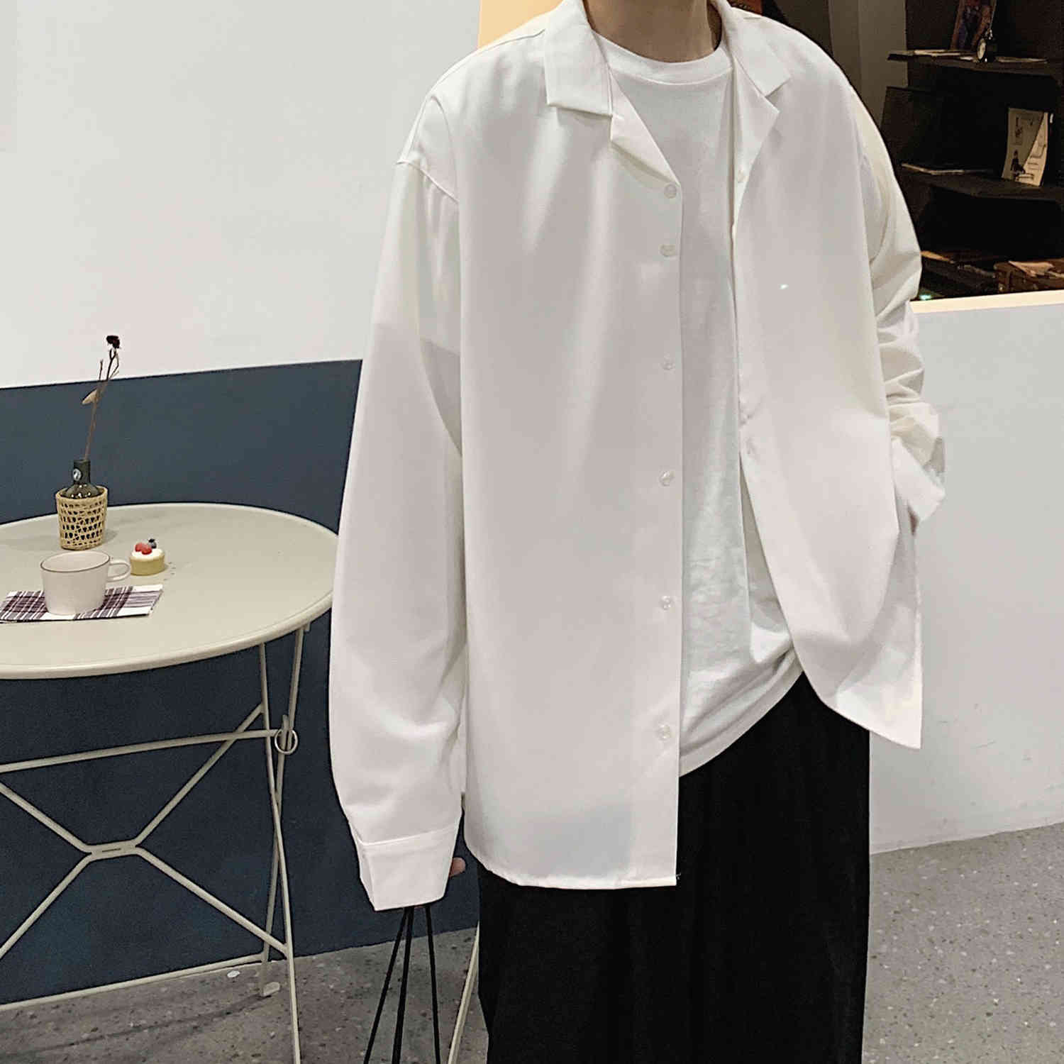 Men's Suit Collar Lining Loose Coats Long Sleeve Slim Fit Shirt French Cuff Mens Fashion 6 Color Shirts Camisa Masculina 210410