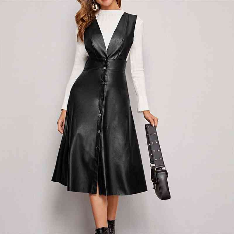 womens clothing fall winter collection elegant plunging deep-v neck button front pocket pu overall dress, Black;gray
womens clothing fall winter collection elegant plunging deep-v neck button front pocket pu overall dress, Black;gray