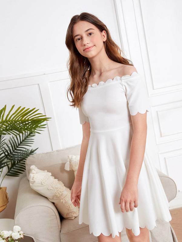 Teen Girls Off Shoulder Scallop Trim Flare Hem Dress SHE