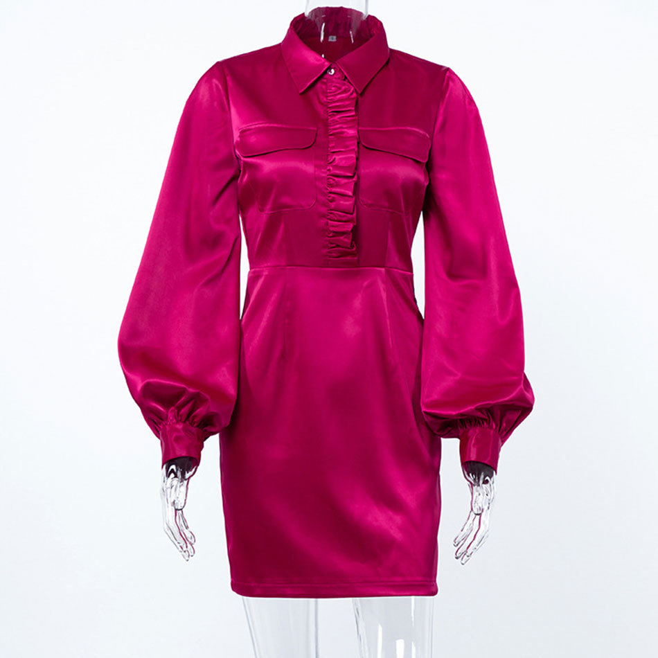 Free Autumn Women's Satin Dress Lapel Lantern Sleeve Ruffle Slim Mini Club Evening Party Vestidos 210524
