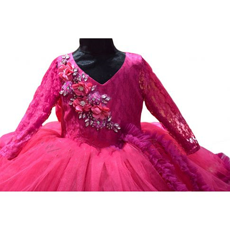 Tutu Puffy Tiered Ball Gown Little Girls Pageant Dresses Lace Long Sleeve V-Neck Floor Length Wedding Party 1St Brithday Toddler Baby Princess Special