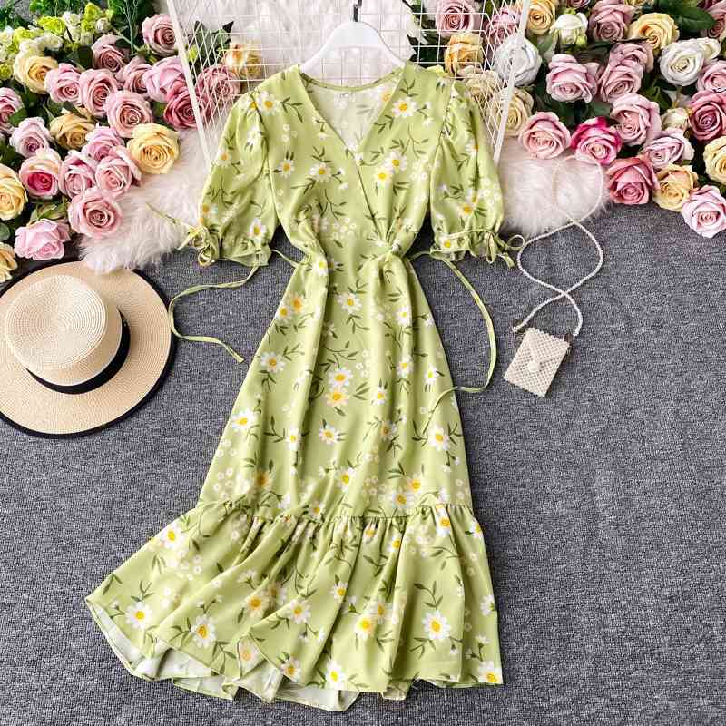 Summer Slim V Neck Short Sleeve Dress A Line Floral Print High Waist Mid-Calf Women Party Dress 210521