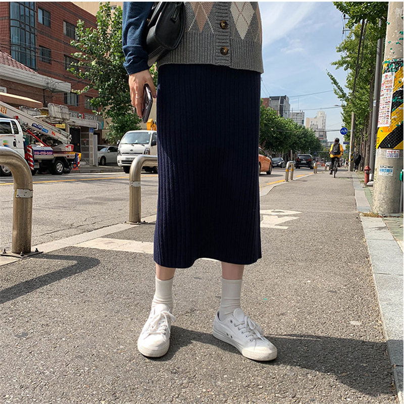 Stylish Vintage Sweet Winter Brief Elastic Waist Women High Quality Casual Slim Knitted Split Skirts 210421