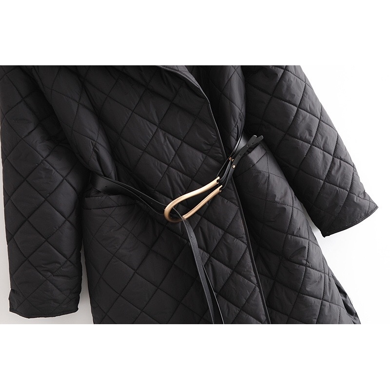 Winter Lapel Quilting Plaid Stay Warm Parka Coat With Belt Women Extra long Trench Jacket Outerwear Elegant Black 210429
