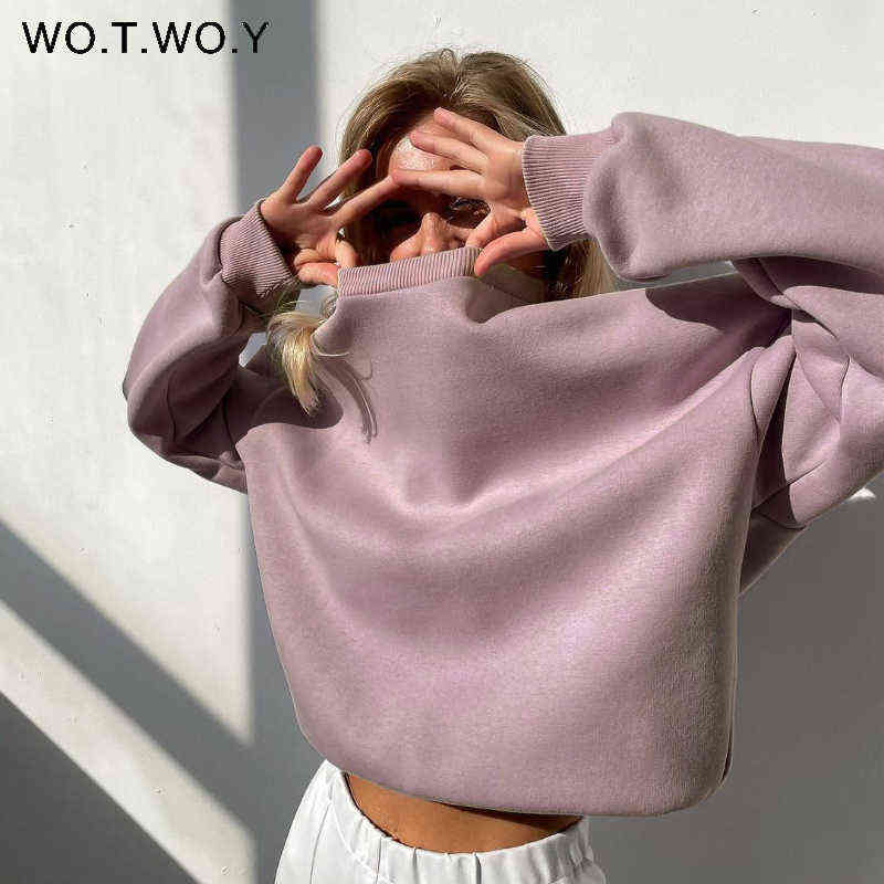 WOTWOY Autumn Winter Fur-Liner Oversized Sweatshirt Women Casual Thickening Fleece Pullovers Female Soft Warm Green Tops 211109