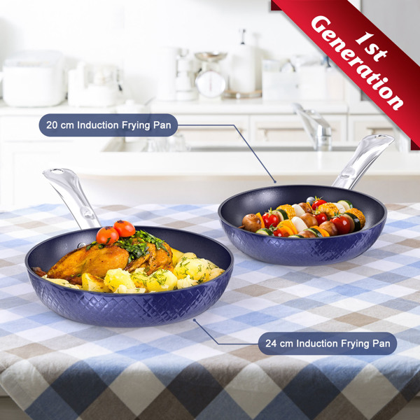 Cooking Utensils Frying Pan Sets Non Stick 3Pieces Blue 3D Diamond Cookware 20/24cm 18cm Saucepan - Pots and Pans Set Aluminum Ceramic Coating