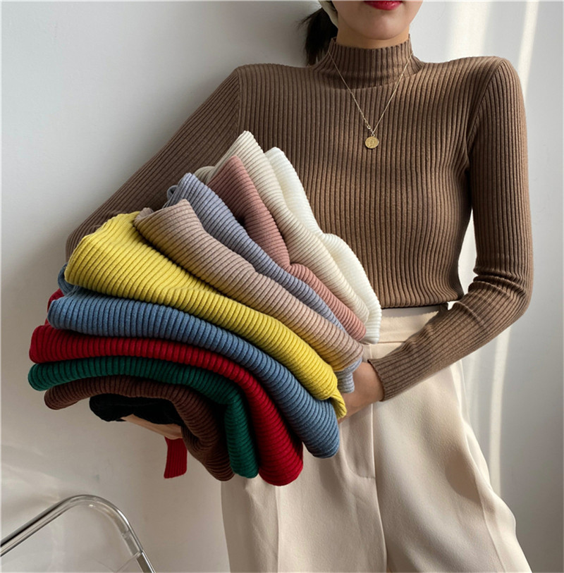 Knitted Pullovers Women Sweaters Autumn Spring OL Solid Turtleneck Sweater Winter Basic Bottoming Tops 12 Colors 210421