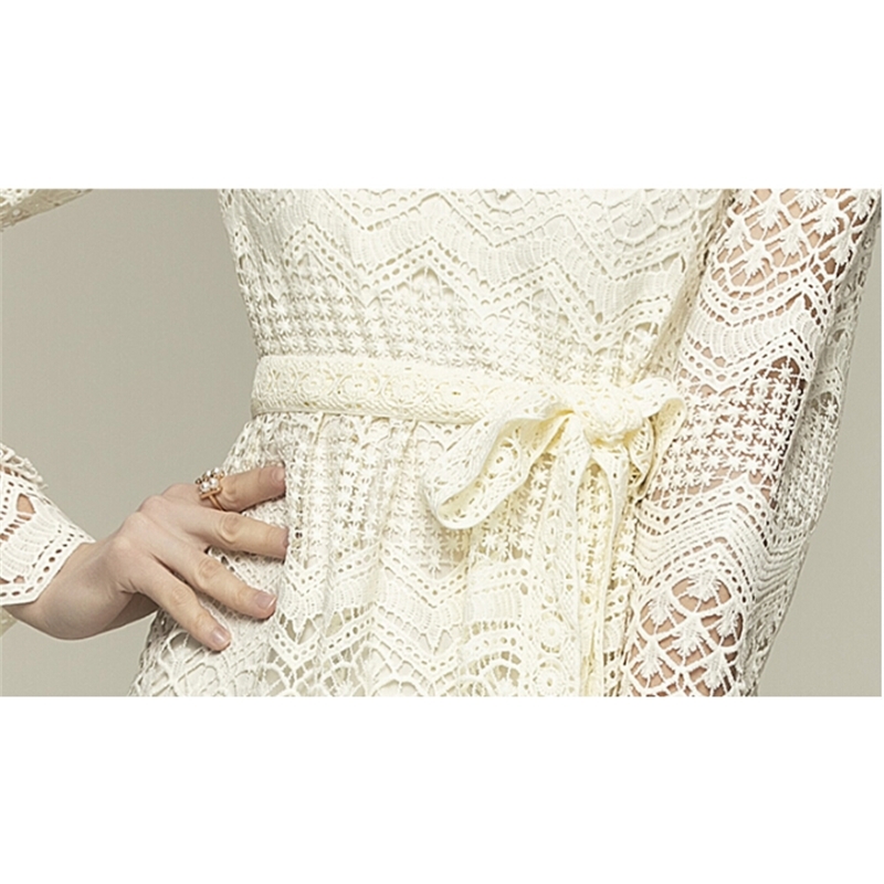 Spring Women Flare Sleeves Lace Hollow Out Dresses Female Elegant Slim Tie Up Vestido Da Festa 210520