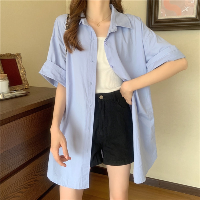 Short Sleeves Brief Outwear Casual Streetwear Elegance Loose Chic Solid Minimalist Summer Femme Gentle OL Shirts 210421