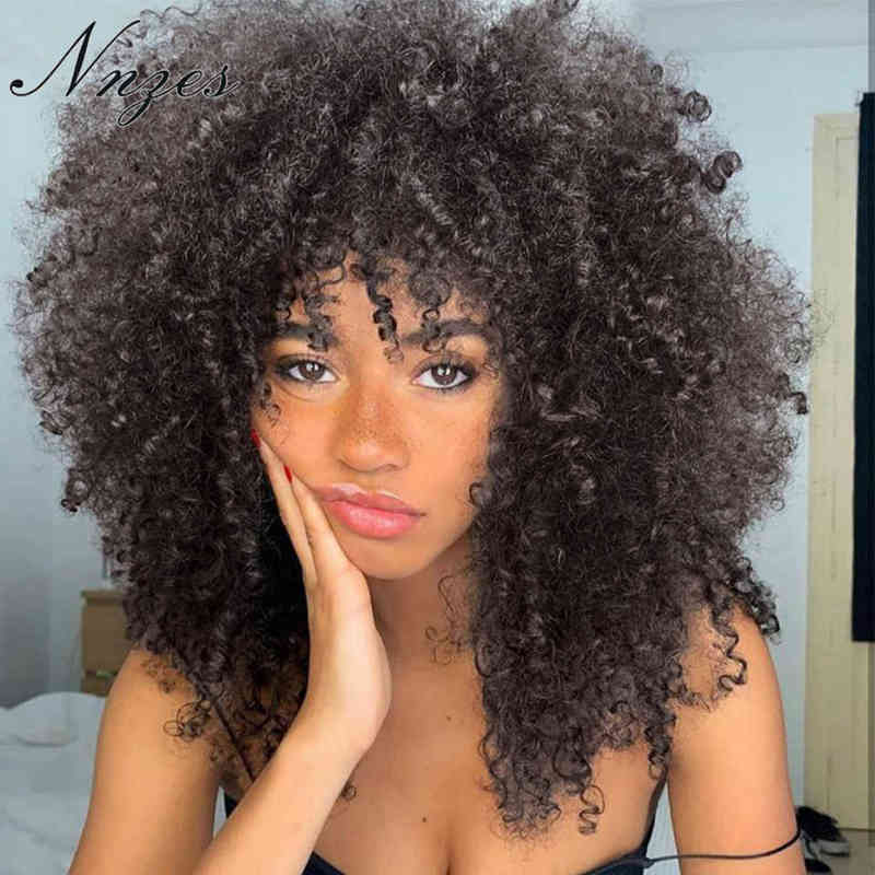 Hairpiece Nnzes Short Afro Kinky Curly Wigs Dark Brown Mixed Black Synthetic with Bangs for Women Blonde Red Grey Cosplay Hairs 0121