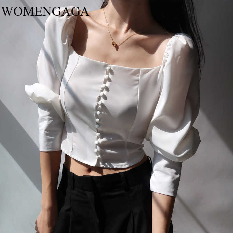 WOMENGAGA French Square Collar Single-breasted Long-sleeved Short Shirt Autumn Puff Sleeve Slim Blouse For Women CJIB 210603