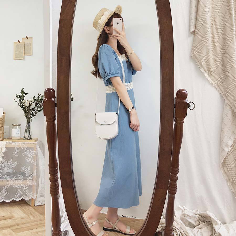 Plus size Summer Girls Boho Party Cotton Linen Female Vintage Dress Blue Short Sleeve Women Dresses Femme Vestido 210417Z